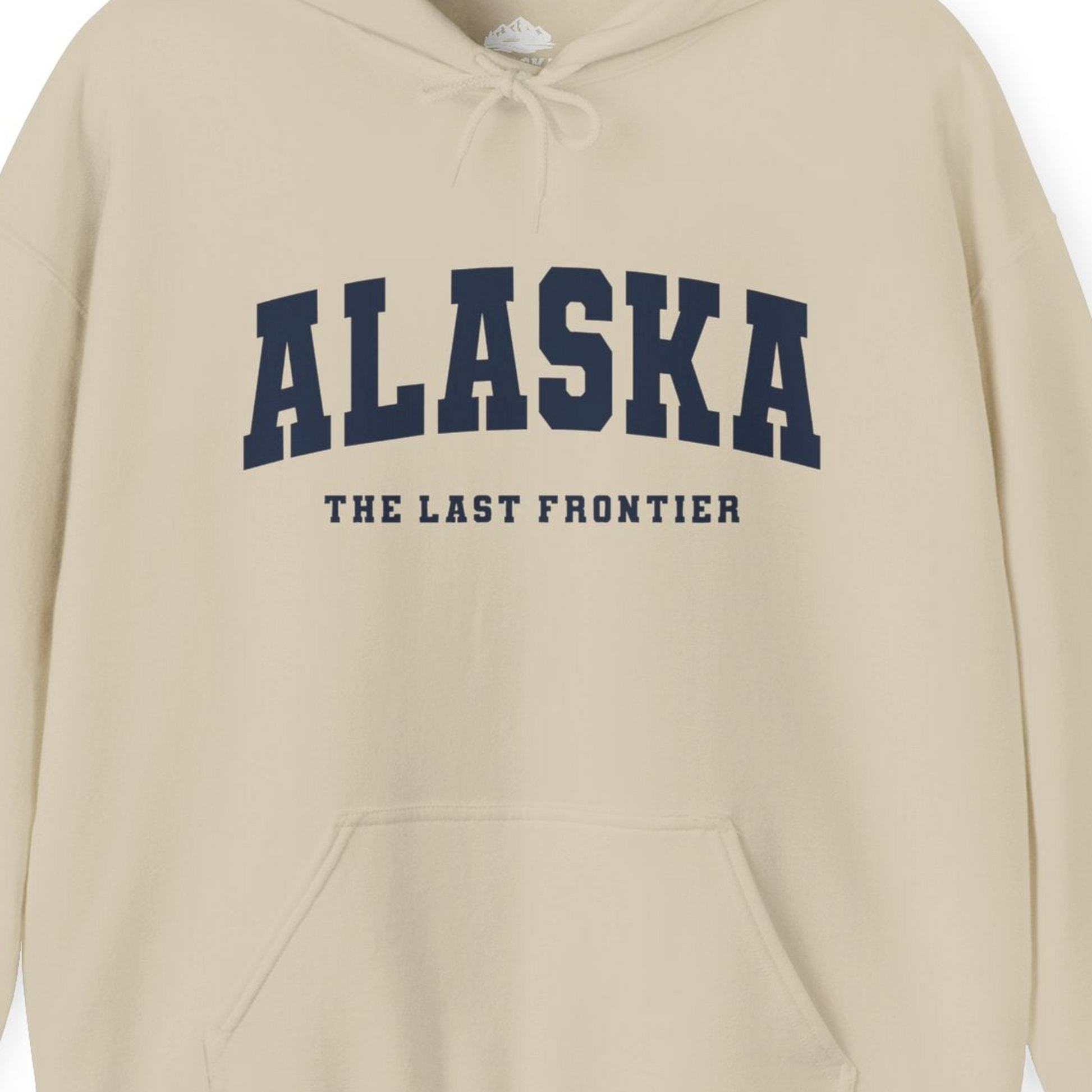 Alaska The Last Frontier Bold Collegiate Vintage State Pride Shirt — Hoodie Hoodie – Sand – Alaska Cruise Shirts Close Up
