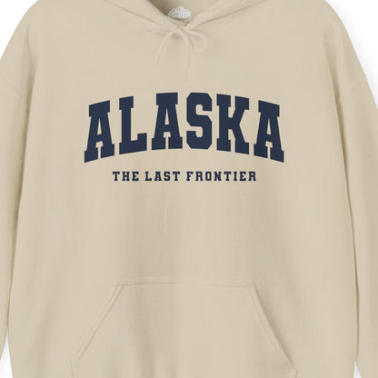 Alaska The Last Frontier Bold Collegiate Vintage State Pride Shirt — Hoodie Hoodie – Sand – Alaska Cruise Shirts Close Up