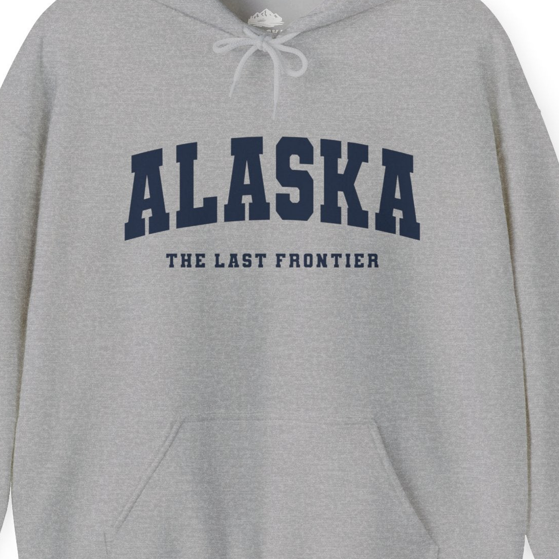 Alaska The Last Frontier Bold Collegiate Vintage State Pride Shirt — Hoodie Hoodie – Sport Grey – Alaska Cruise Shirts Close Up