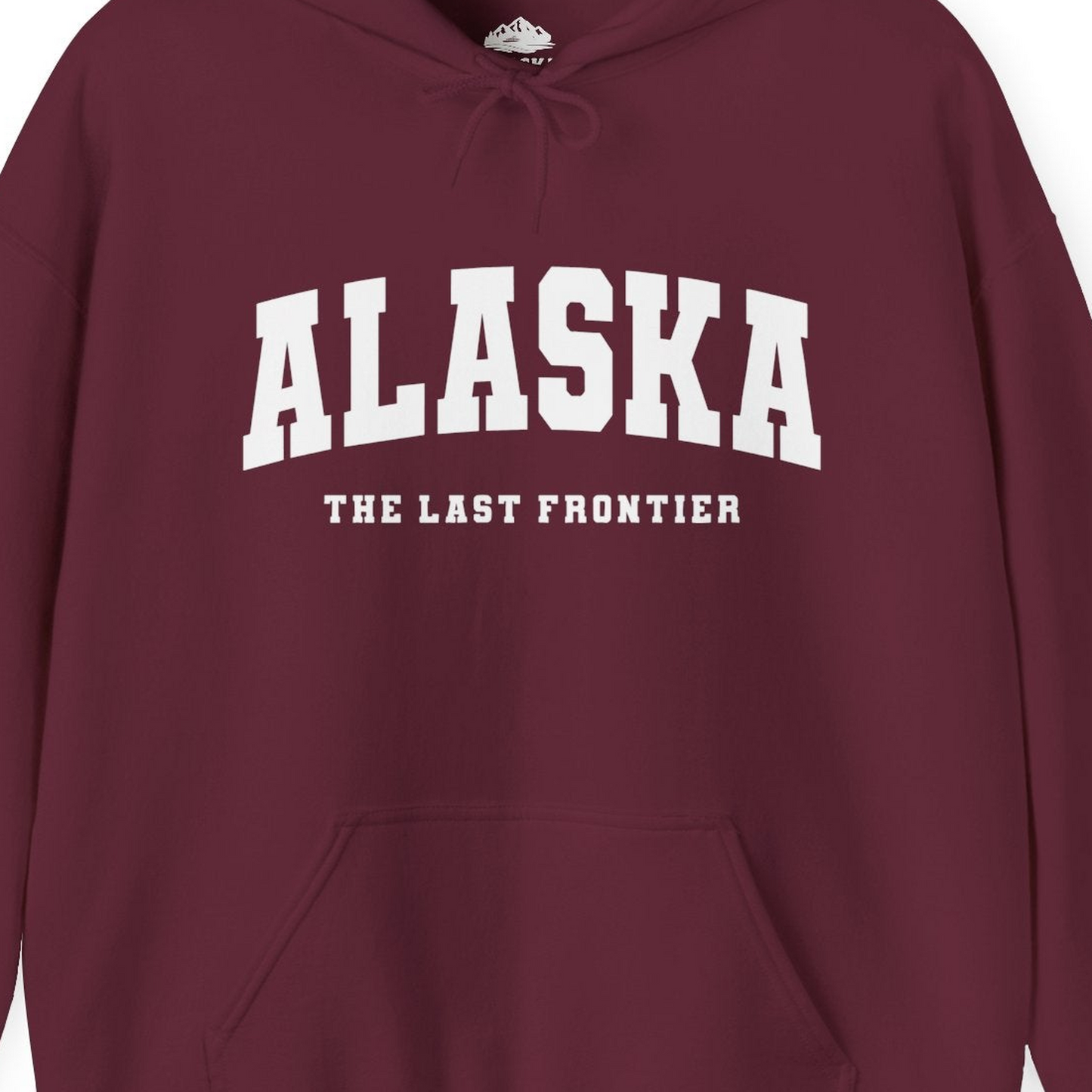 Alaska The Last Frontier Bold Collegiate Vintage State Pride Shirt — Hoodie Hoodie – Maroon – Alaska Cruise Shirts Close Up