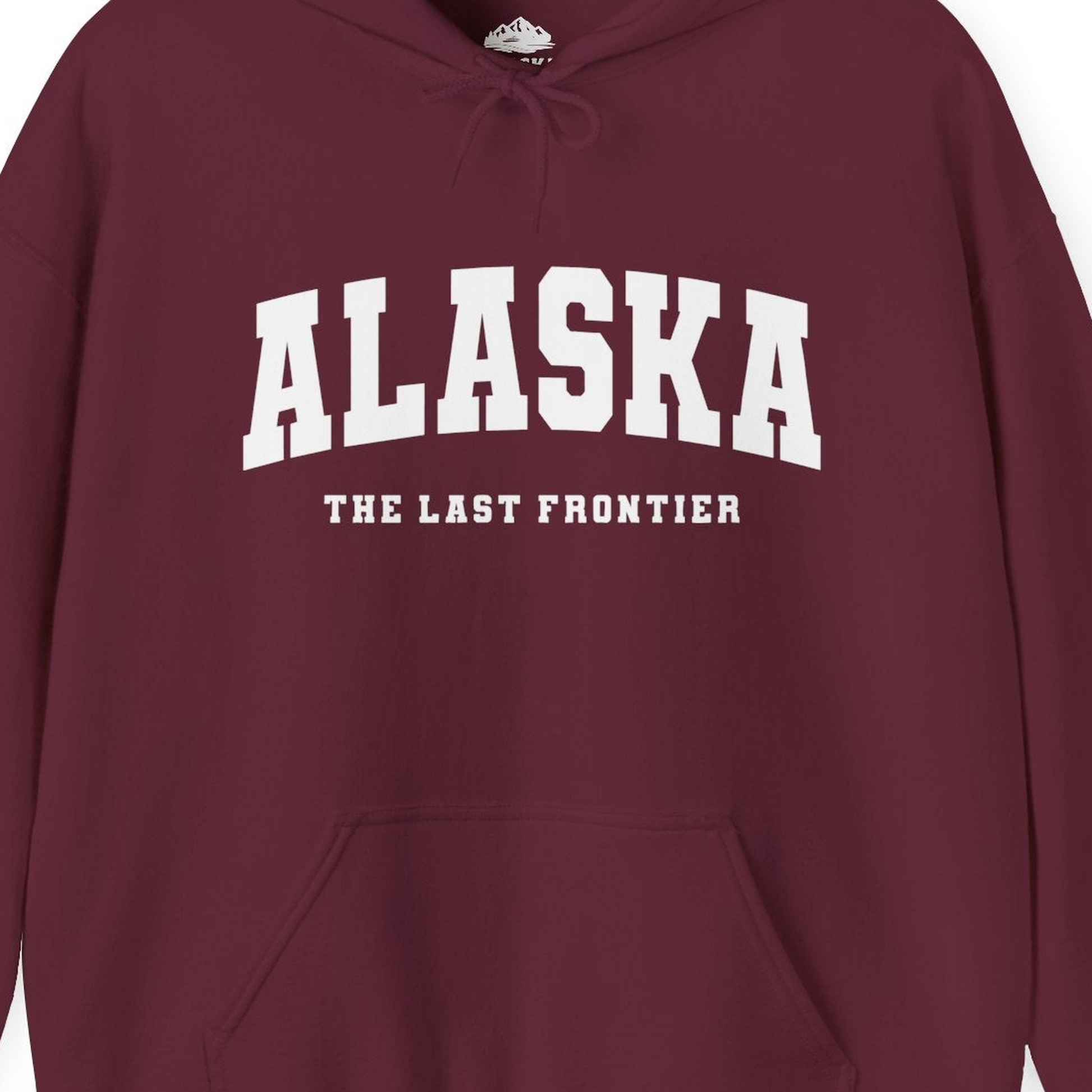Alaska The Last Frontier Bold Collegiate Vintage State Pride Shirt — Hoodie Hoodie – Maroon – Alaska Cruise Shirts Close Up