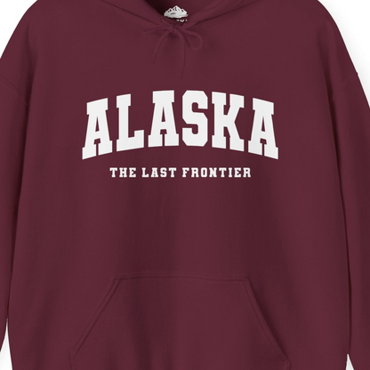 Alaska The Last Frontier Bold Collegiate Vintage State Pride Shirt — Hoodie Hoodie – Maroon – Alaska Cruise Shirts Close Up