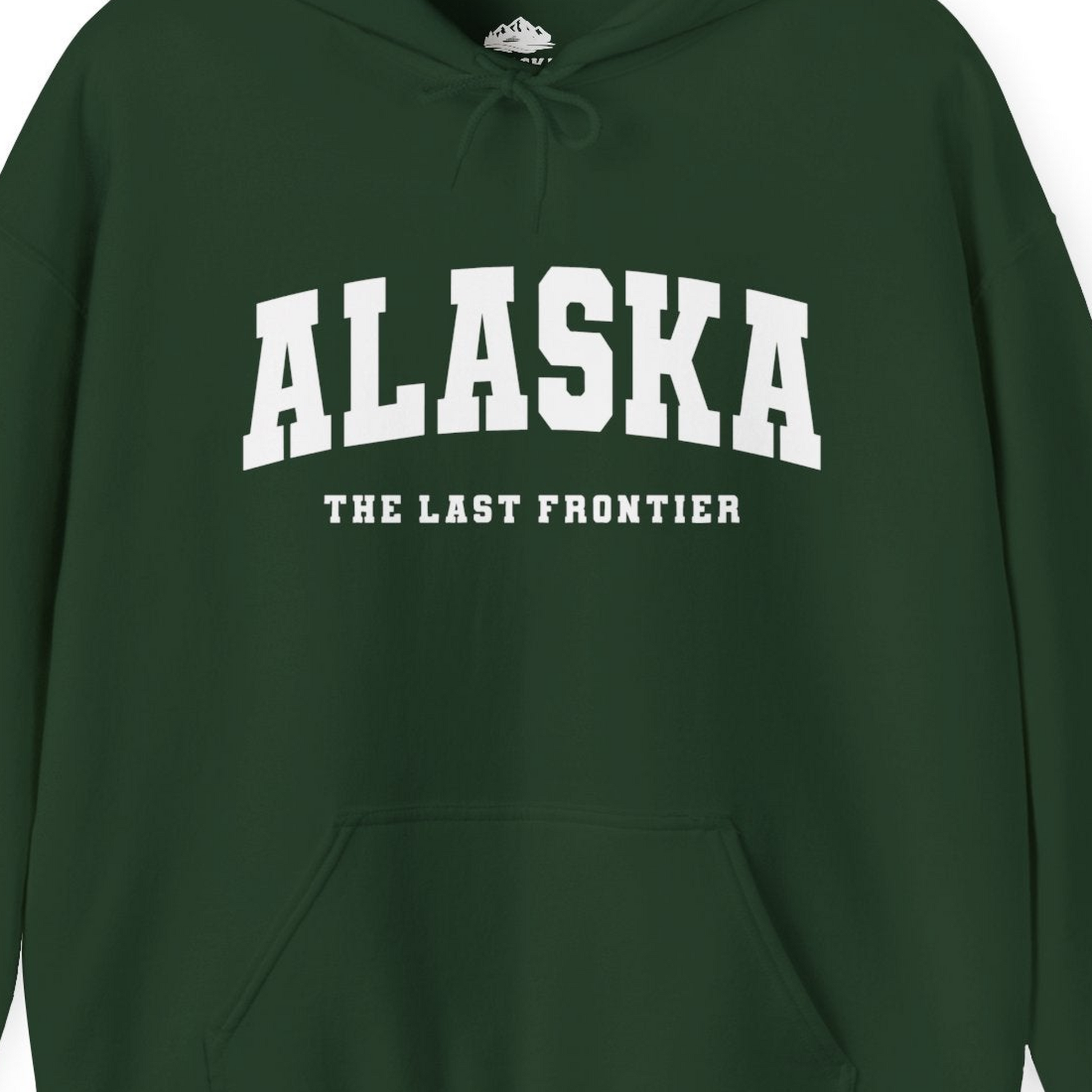 Alaska The Last Frontier Bold Collegiate Vintage State Pride Shirt — Hoodie Hoodie – Forest Green – Alaska Cruise Shirts Close Up