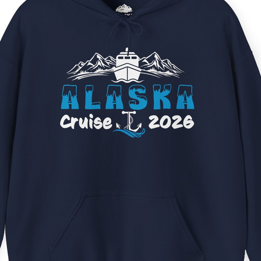 Alaska Cruise 2026 Shirt Hoodie – Navy – Alaska Cruise Shirts Close Up