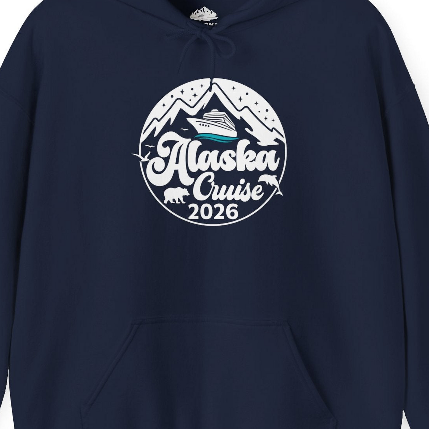 Alaska Cruise 2026 Shirt Hoodie – Navy – Alaska Cruise Shirts Close Up