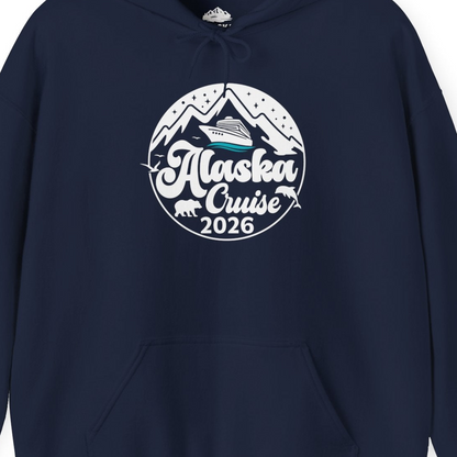 Alaska Cruise 2026 Shirt Hoodie – Navy – Alaska Cruise Shirts Close Up
