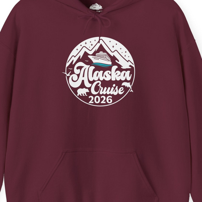 Alaska Cruise 2026 Shirt Hoodie – Maroon – Alaska Cruise Shirts Close Up
