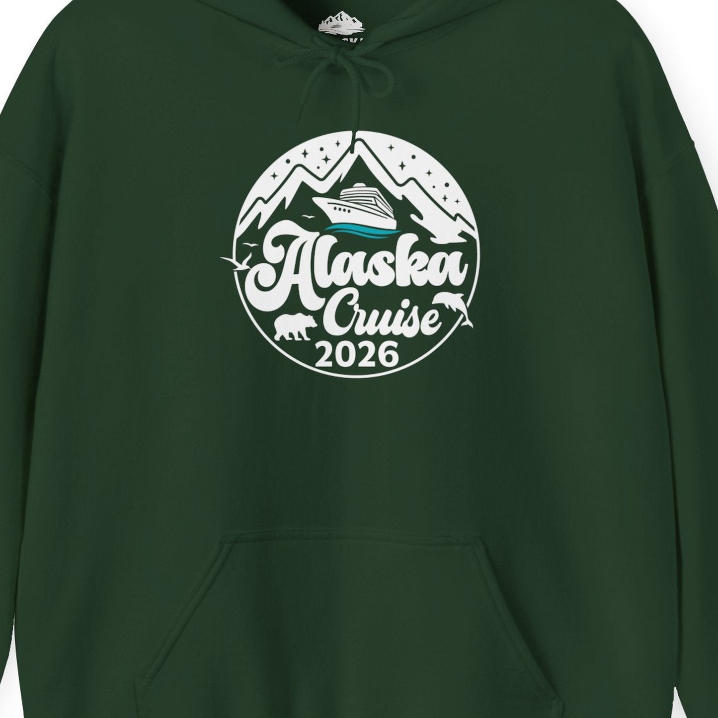Alaska Cruise 2026 Shirt Hoodie – Forest Green – Alaska Cruise Shirts Close Up