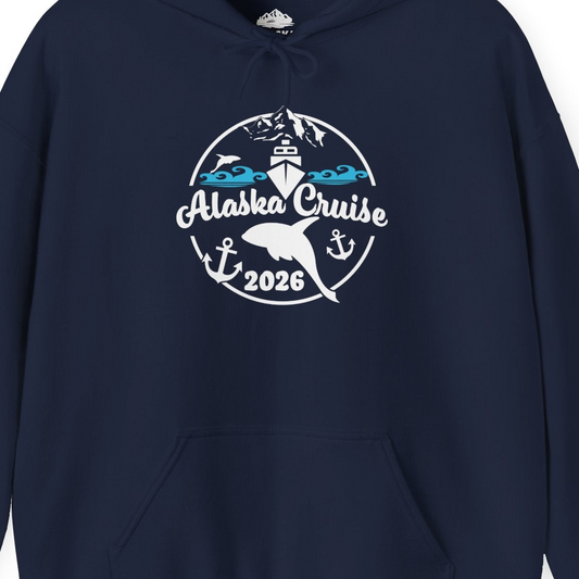Alaska Cruise 2026 Shirt Hoodie – Navy – Alaska Cruise Shirts Close Up