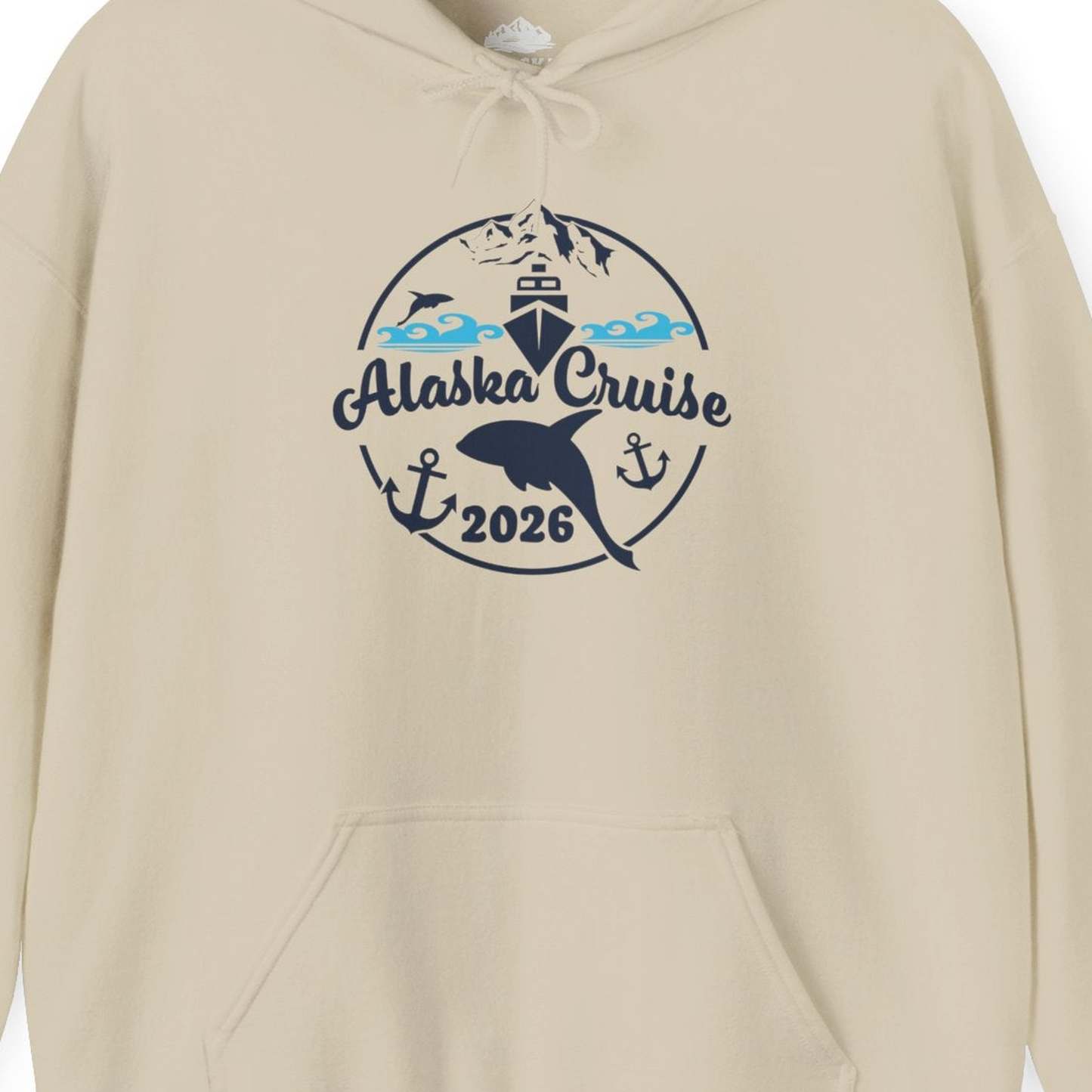 Alaska Cruise 2026 Shirt Hoodie – Sand – Alaska Cruise Shirts Close Up