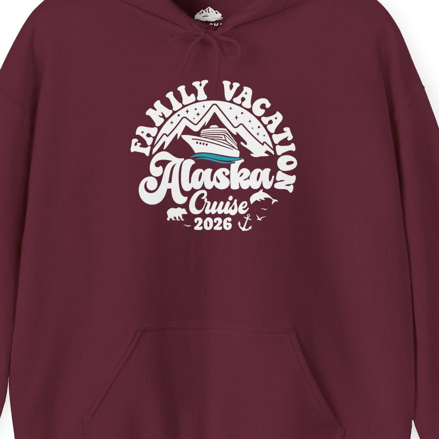 Alaska Family Cruise Shirt Hoodie – Maroon – Alaska Cruise Shirts Close Up