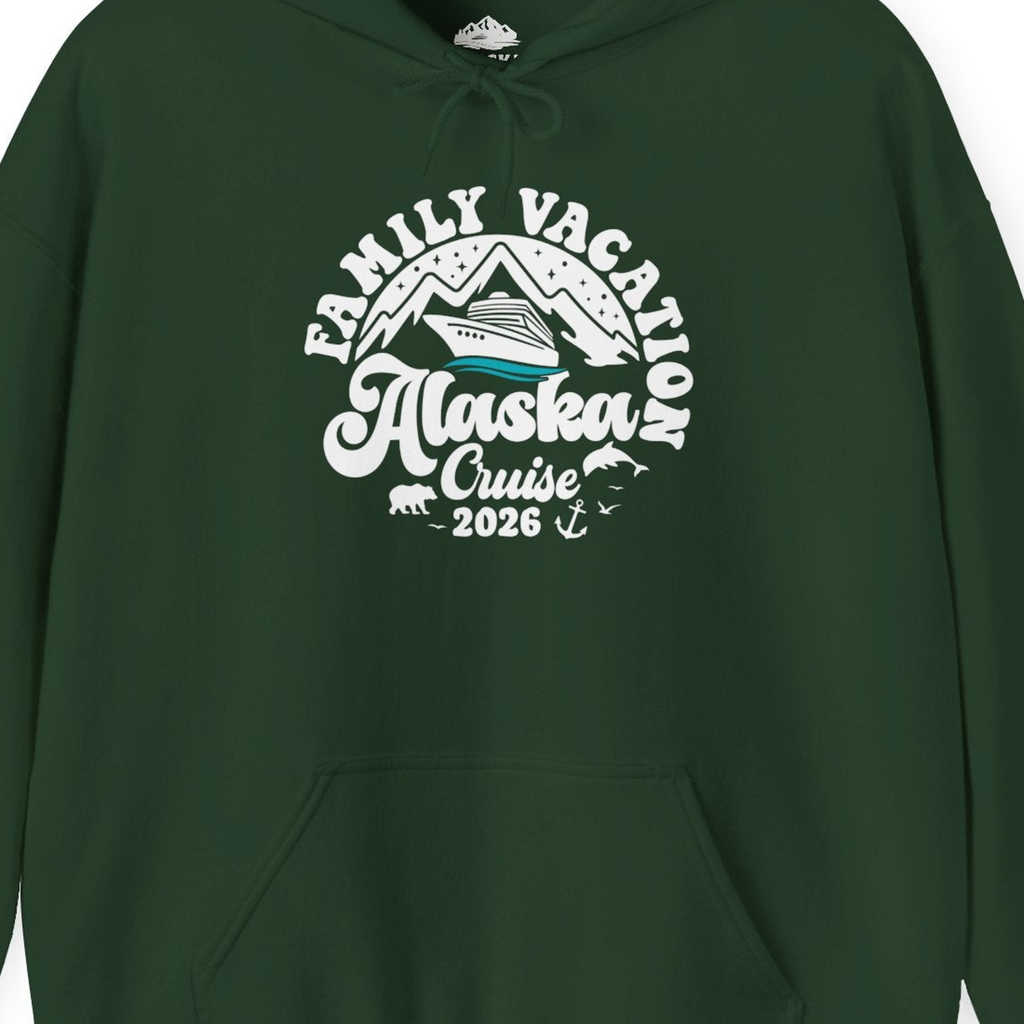 Alaska Family Cruise Shirt Hoodie – Forest Green – Alaska Cruise Shirts Close Up
