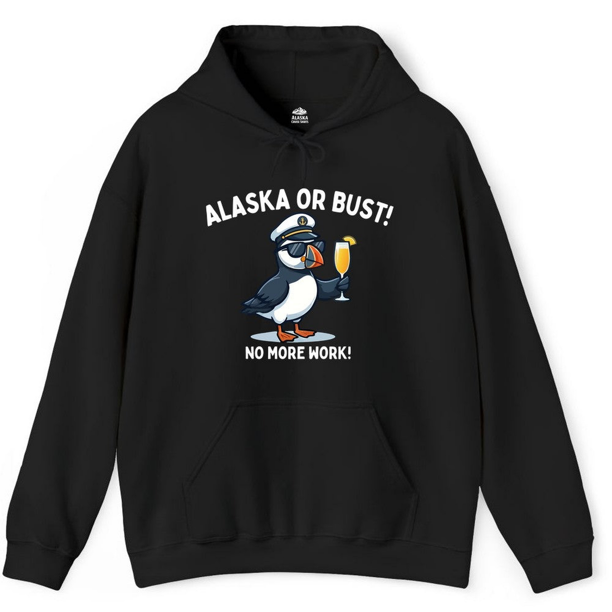 Funny Puffin Captain Alaska Cruise Shirt Hoodie – Black – Alaska Cruise Shirts Close Up