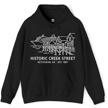 Ketchikan Creek Street Alaska Waterfront and Cruise Ship Shirt — Hoodie Hoodie – Black – Alaska Cruise Shirts Close Up
