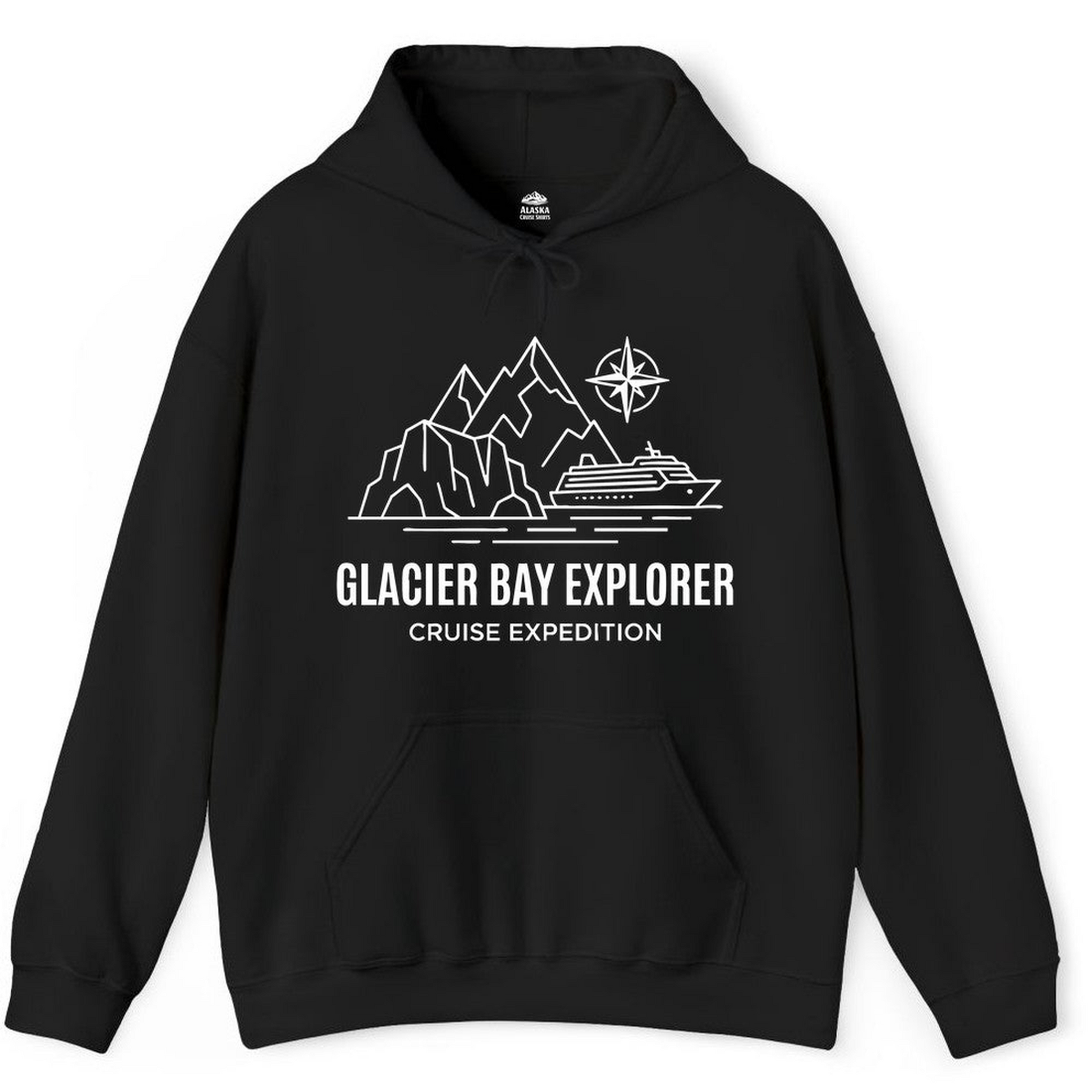 Glacier Bay Alaska Cruise Shirt Hoodie – Black – Alaska Cruise Shirts Close Up