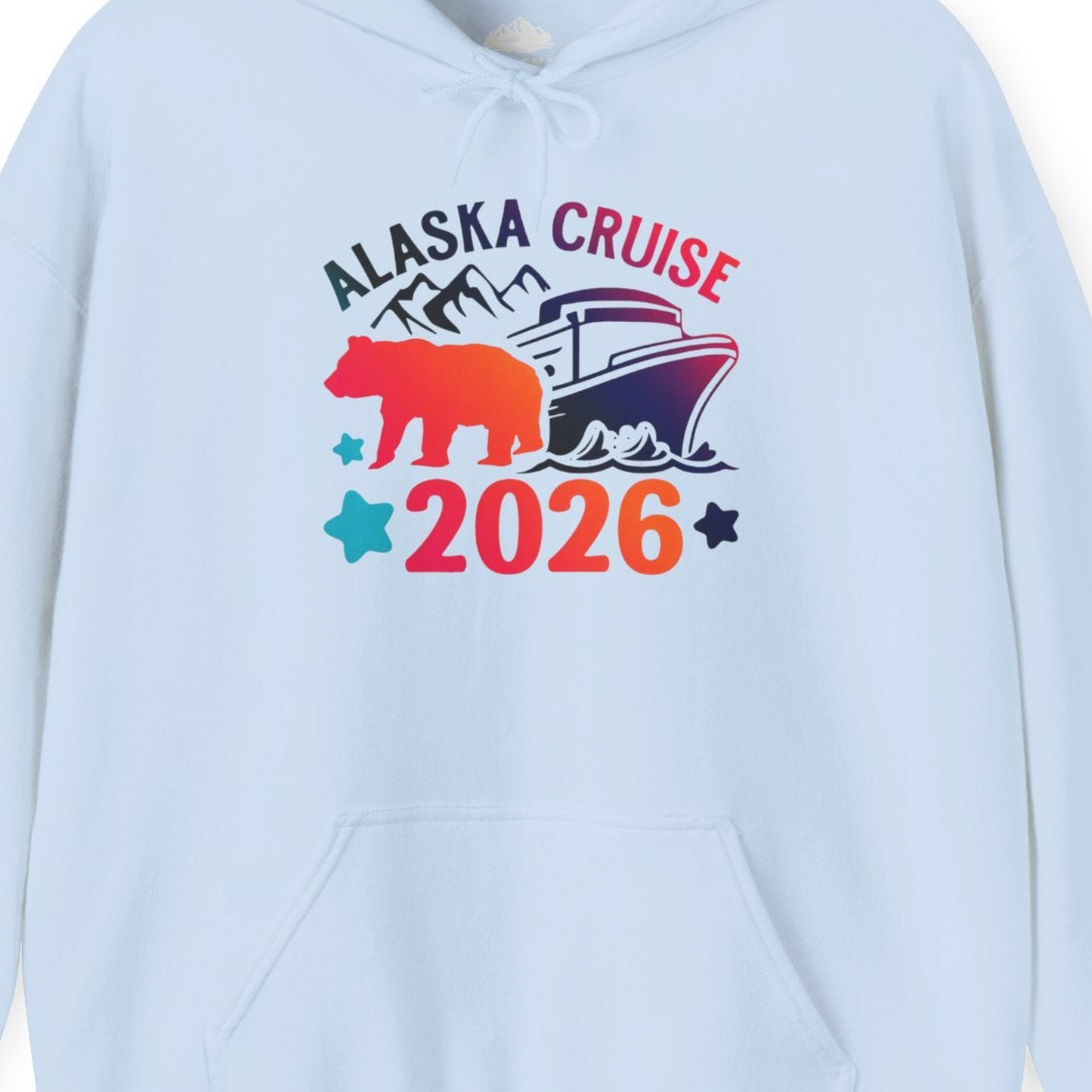 Alaska Cruise 2026 Shirt Hoodie – Light Blue – Alaska Cruise Shirts Close Up