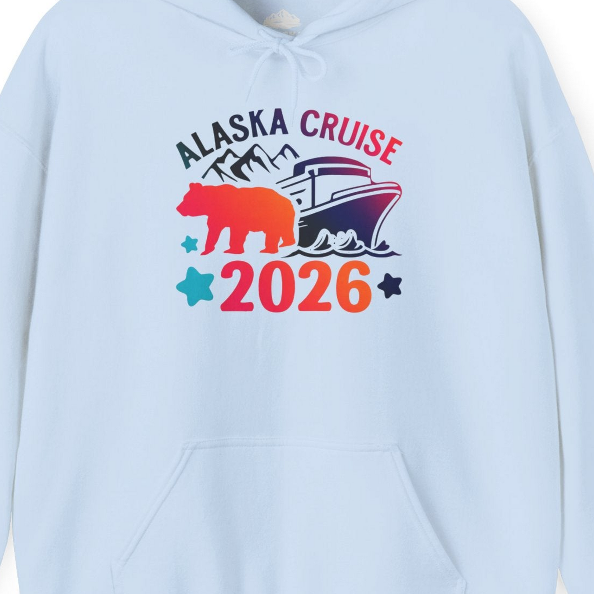 Alaska Cruise 2026 Shirt Hoodie – Light Blue – Alaska Cruise Shirts Close Up