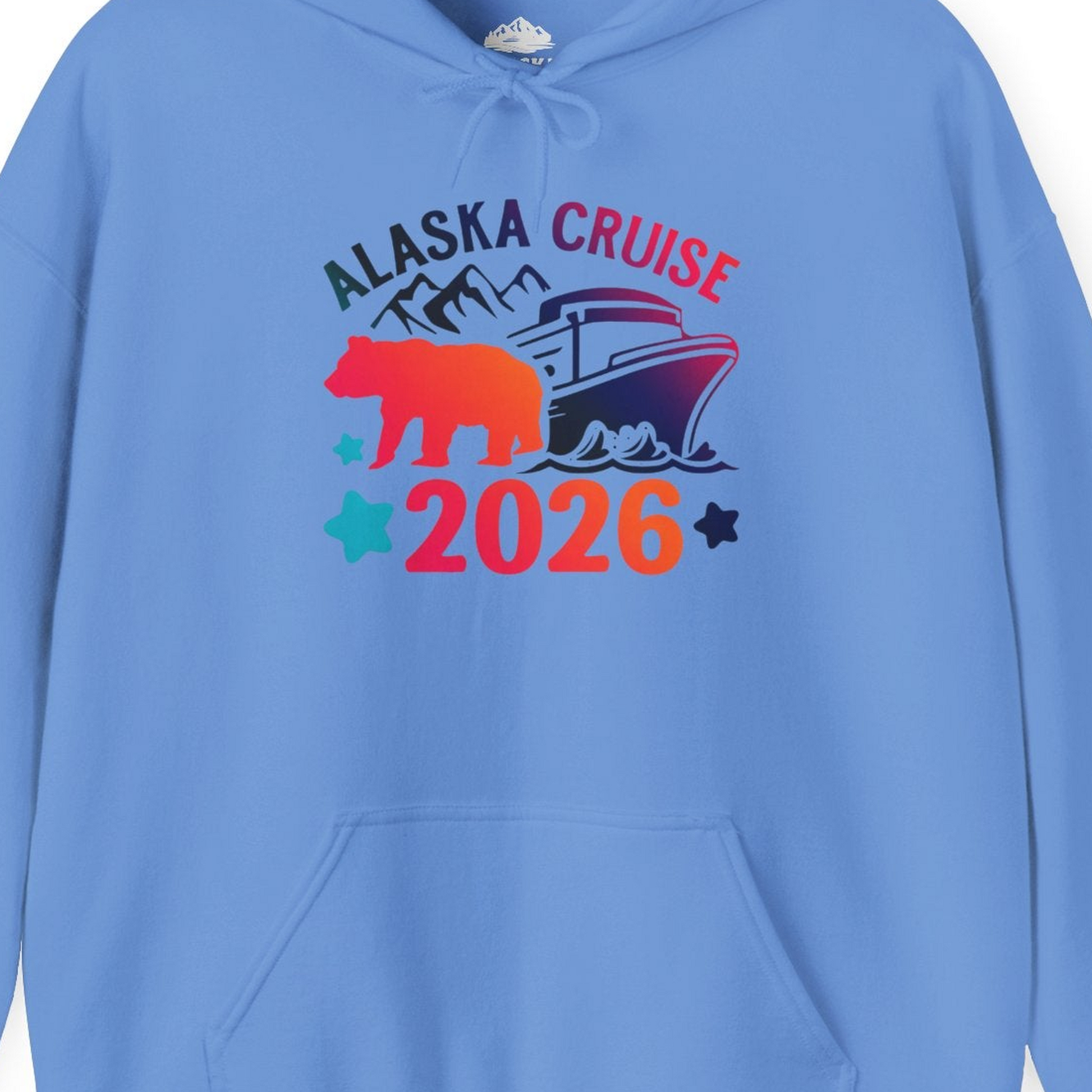 Alaska Cruise 2026 Shirt Hoodie – Carolina Blue – Alaska Cruise Shirts Close Up