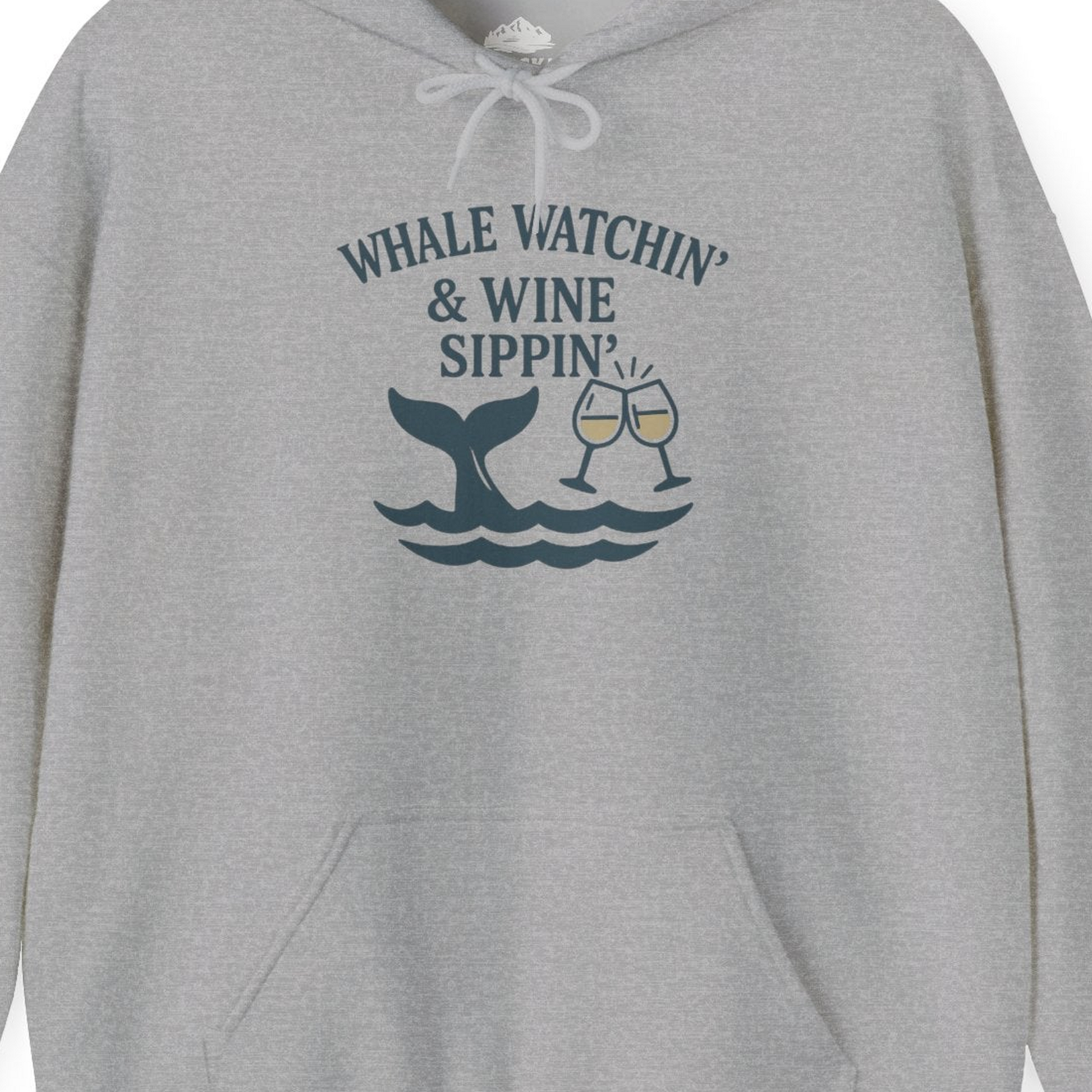 Whale Watching and Wine Sippin Shirt Hoodie – Sport Grey – Alaska Cruise Shirts Close Up