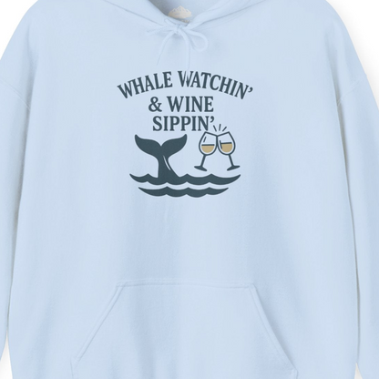 Whale Watching and Wine Sippin Shirt Hoodie – Light Blue – Alaska Cruise Shirts Close Up