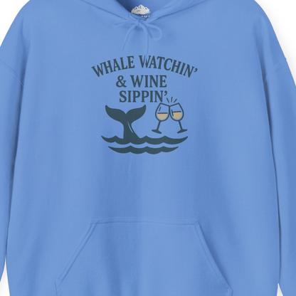Whale Watching and Wine Sippin Shirt Hoodie – Carolina Blue – Alaska Cruise Shirts Close Up