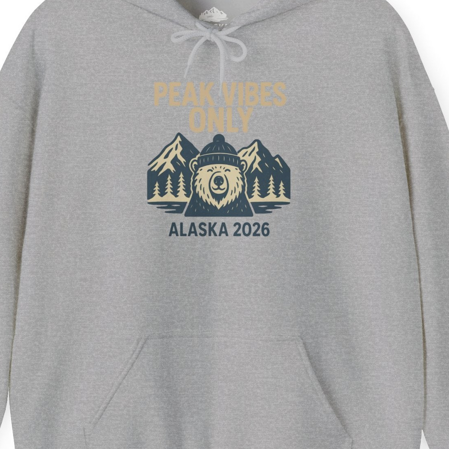 Alaska 2026 Mountain Adventure Bear Hoodie – Sport Grey – Alaska Cruise Shirts Close Up