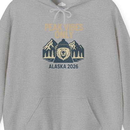 Alaska 2026 Mountain Adventure Bear Hoodie – Sport Grey – Alaska Cruise Shirts Close Up