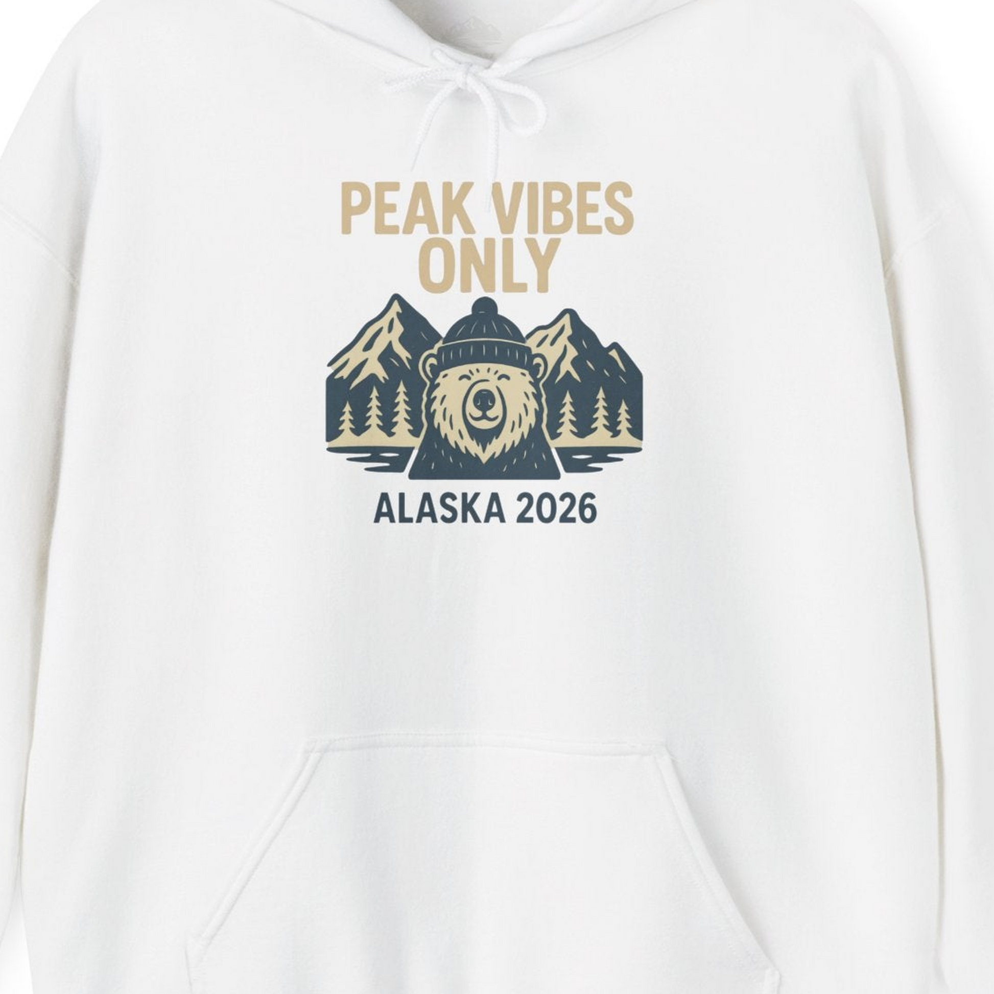 Alaska 2026 Mountain Adventure Bear Hoodie – White – Alaska Cruise Shirts Close Up