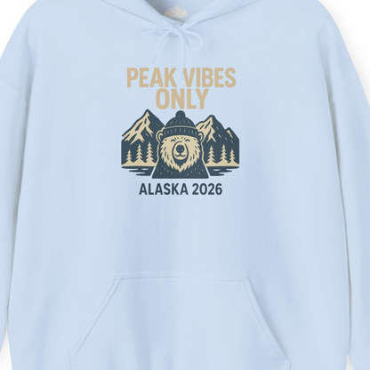 Alaska 2026 Mountain Adventure Bear Hoodie – Light Blue – Alaska Cruise Shirts Close Up