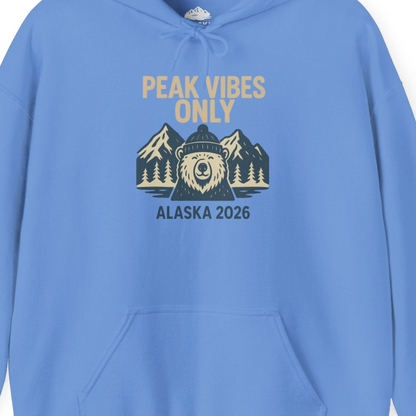 Alaska 2026 Mountain Adventure Bear Hoodie – Carolina Blue – Alaska Cruise Shirts Close Up