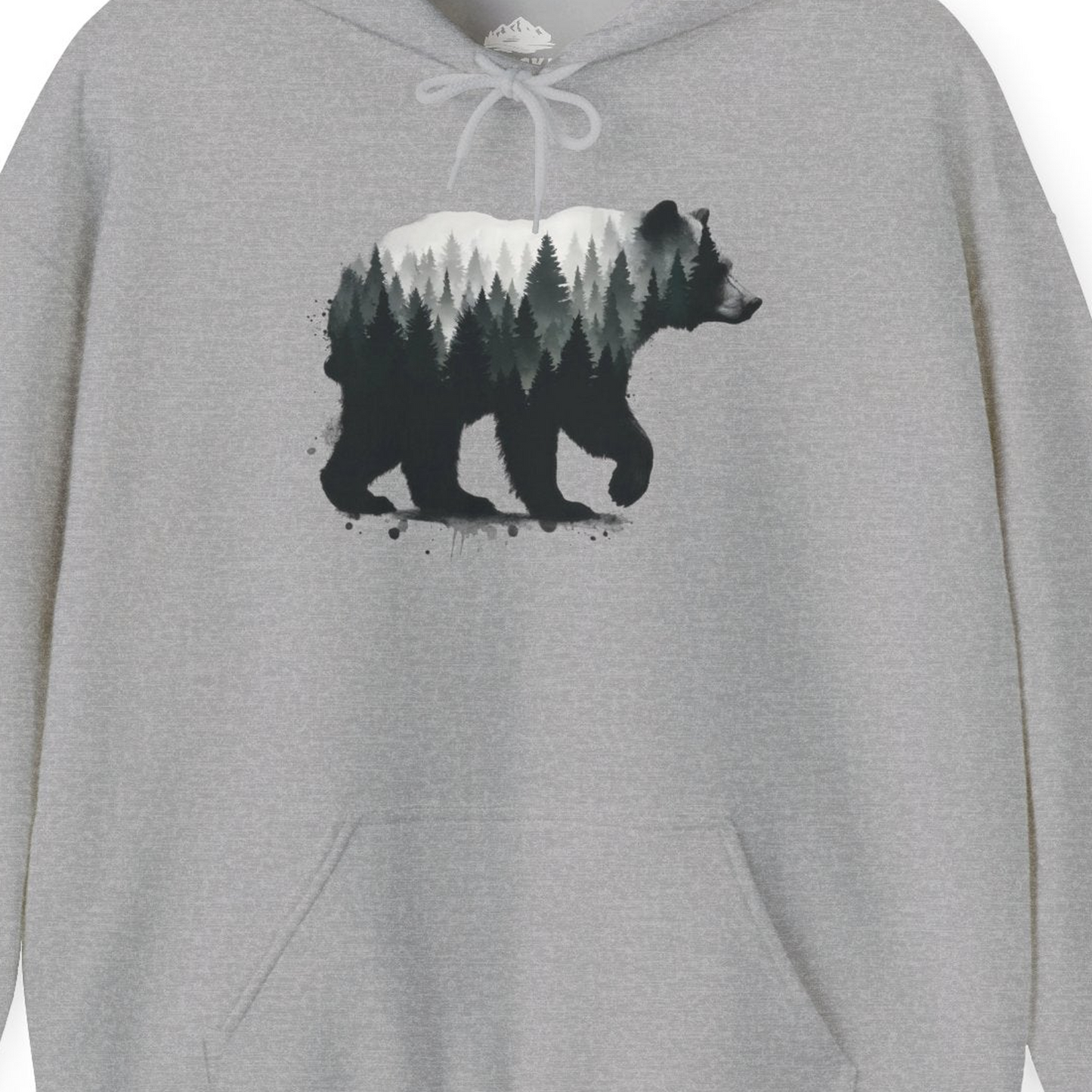 Bear Silhouette Forest Double Exposure Shirt Hoodie – Sport Grey – Alaska Cruise Shirts Close Up