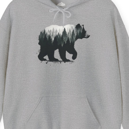 Bear Silhouette Forest Double Exposure Shirt Hoodie – Sport Grey – Alaska Cruise Shirts Close Up