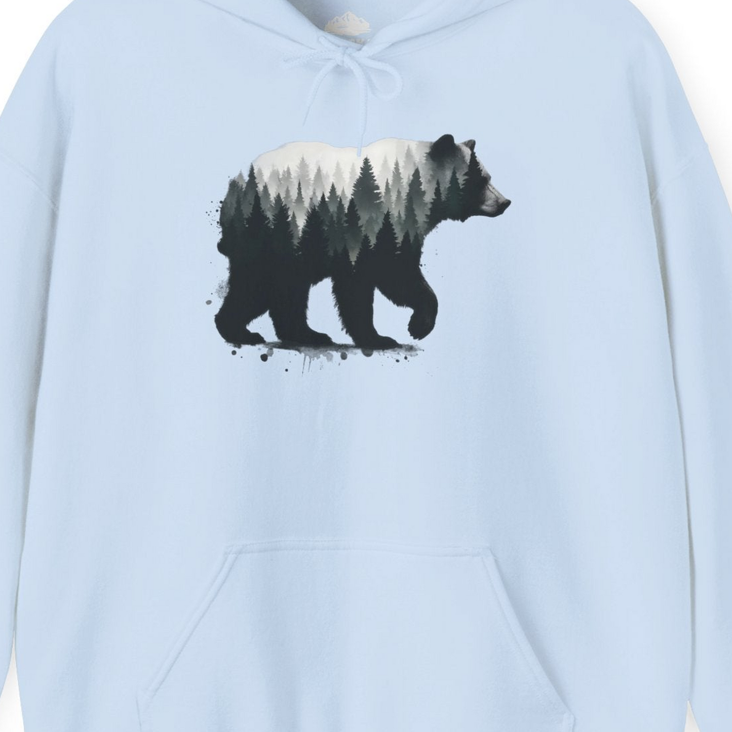 Bear Silhouette Forest Double Exposure Shirt Hoodie – Light Blue – Alaska Cruise Shirts Close Up