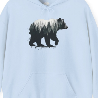 Bear Silhouette Forest Double Exposure Shirt Hoodie – Light Blue – Alaska Cruise Shirts Close Up