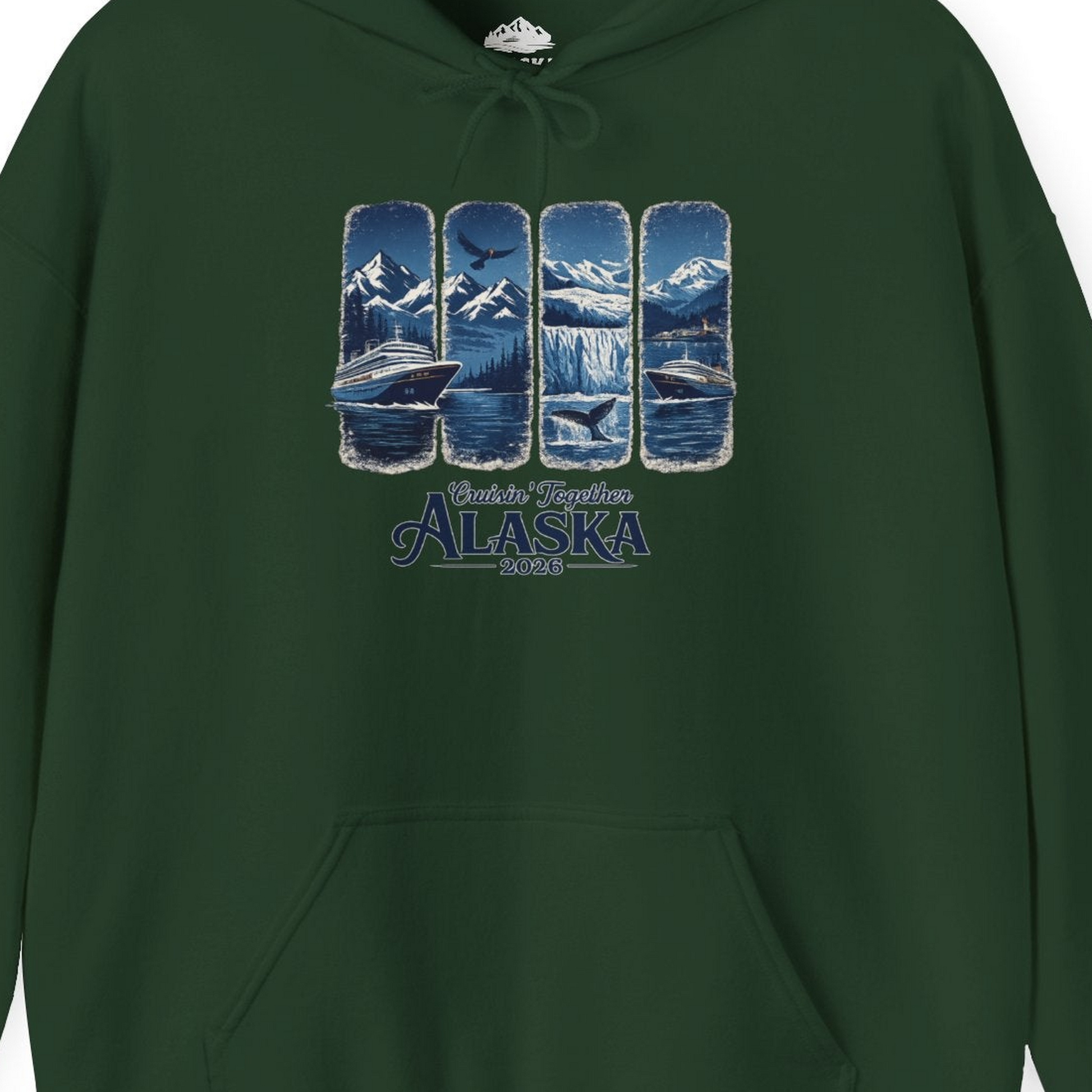 Alaska Cruise Adventure Shirt Hoodie – Forest Green – Alaska Cruise Shirts Close Up