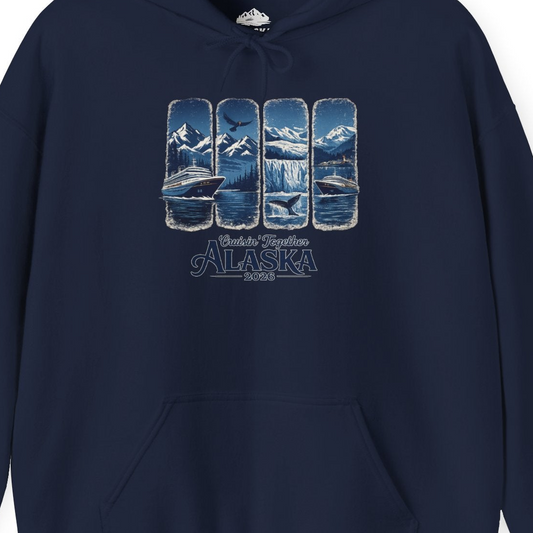 Alaska Cruise Adventure Shirt Hoodie – Navy – Alaska Cruise Shirts Close Up