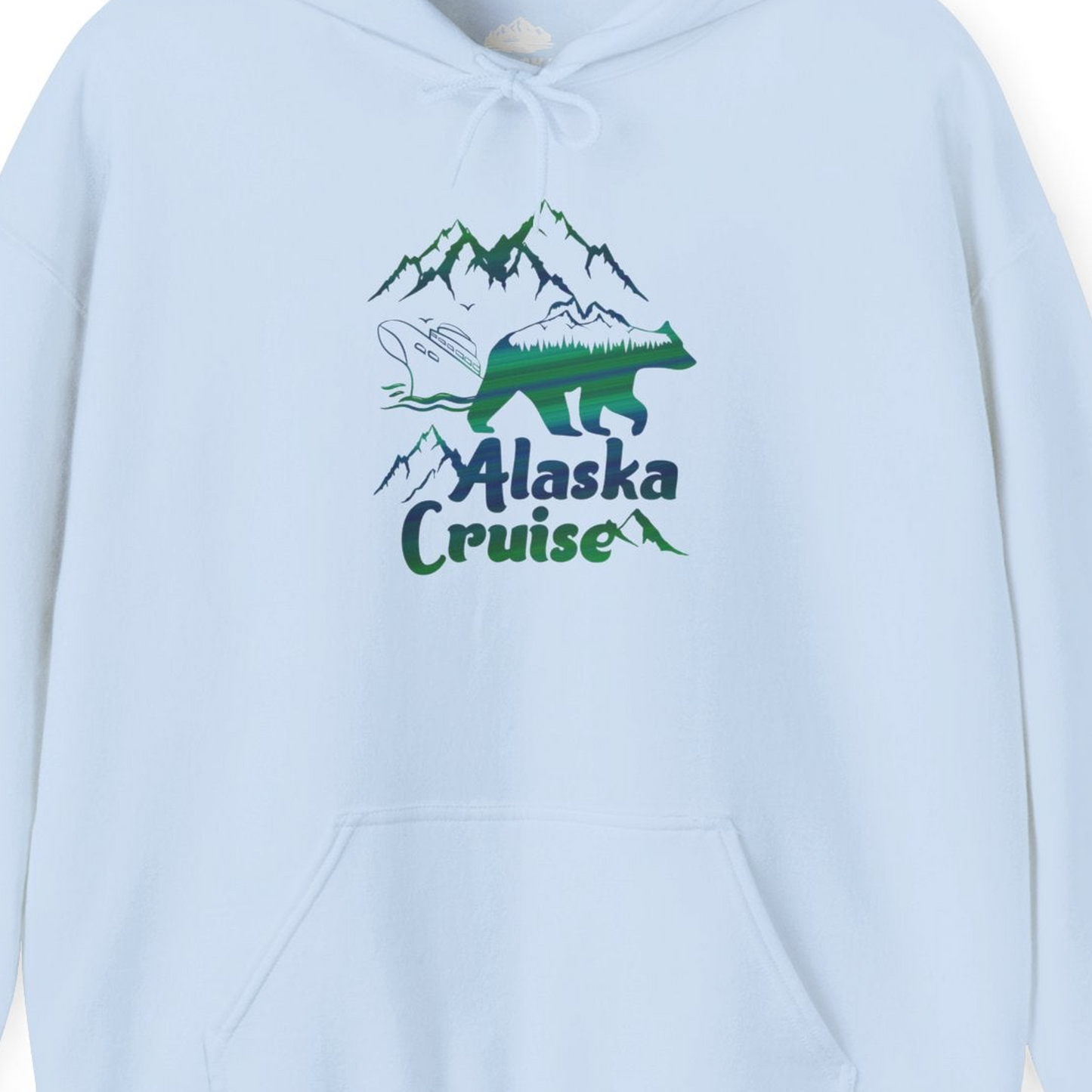 Alaska Cruise Bear Mountains Silhouette Shirt Hoodie – Light Blue – Alaska Cruise Shirts Close Up