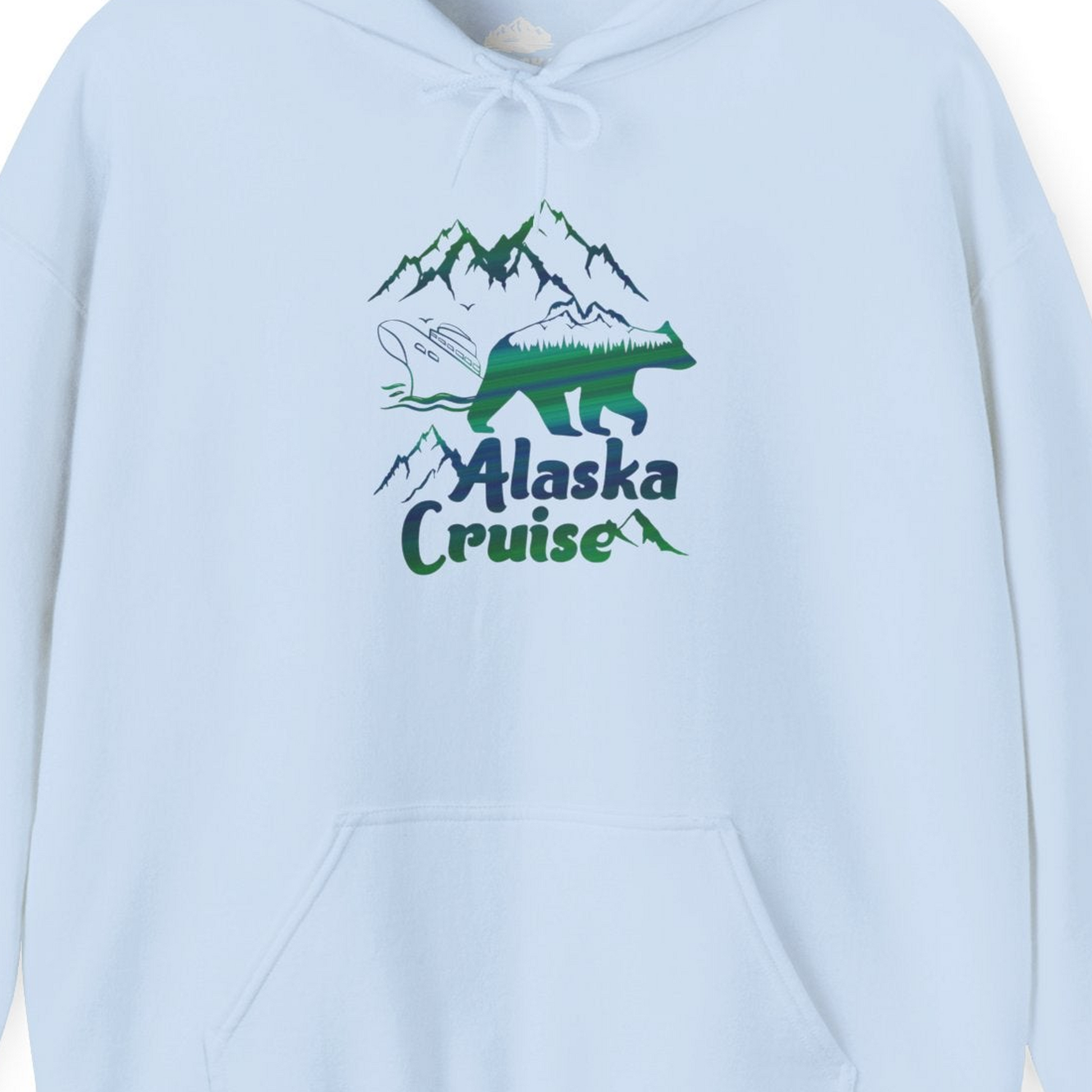 Alaska Cruise Bear Mountains Silhouette Shirt Hoodie – Light Blue – Alaska Cruise Shirts Close Up