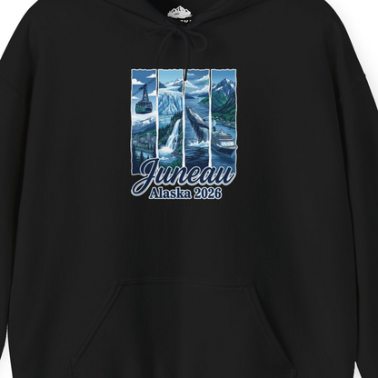 Juneau Alaska 2026 Cruise and Nature Souvenir Shirt — Hoodie Hoodie – Black – Alaska Cruise Shirts Close Up