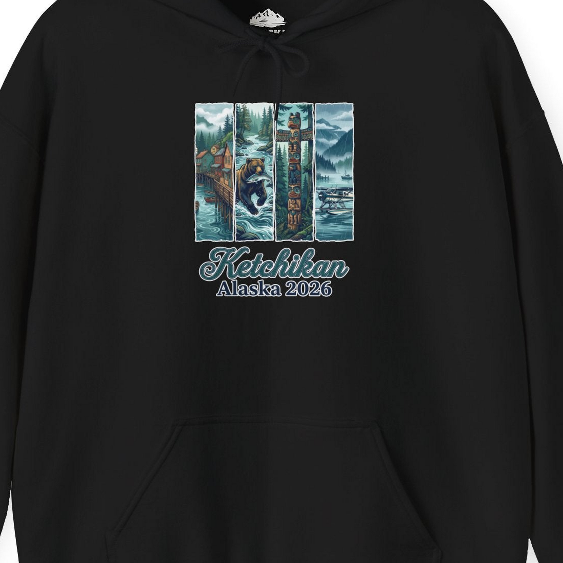 Ketchikan Alaska 2026 Scenic Nature and Totem Pole Art T-Shirt — Hoodie Hoodie – Black – Alaska Cruise Shirts Close Up