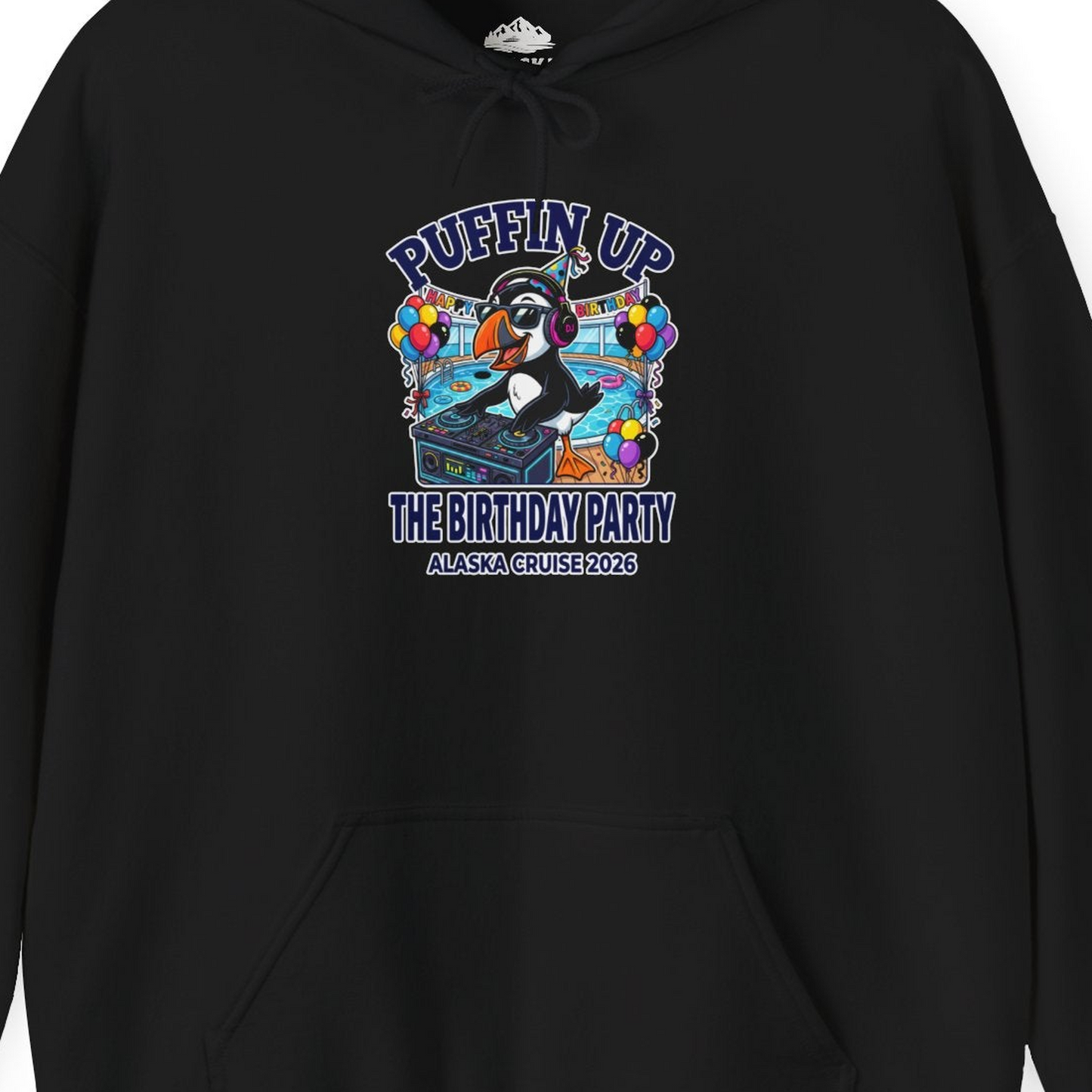 Funny Puffin DJ Birthday Party Alaska Cruise 2026 Shirt — Hoodie Hoodie – Black – Alaska Cruise Shirts Close Up
