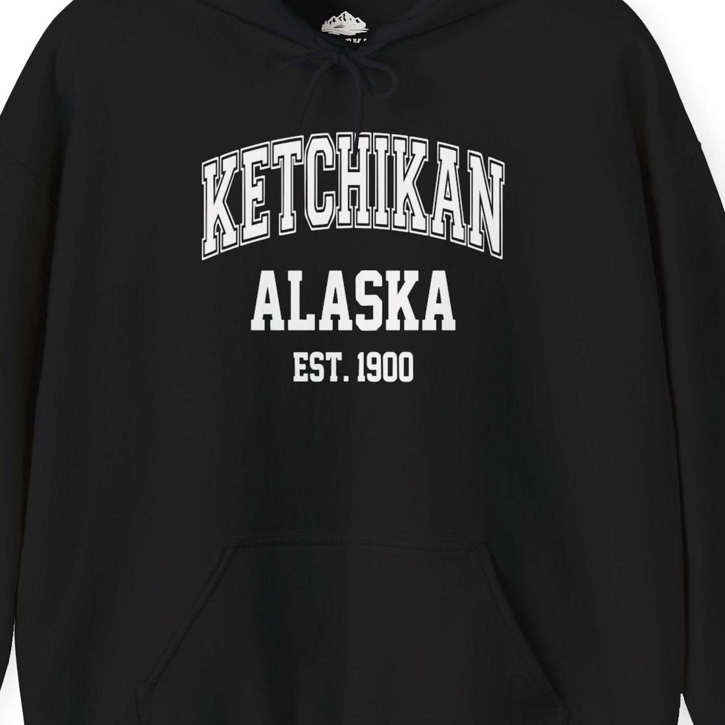 Ketchikan Alaska Collegiate Style Est 1900 Vintage Tee Shirt — Hoodie Hoodie – Black – Alaska Cruise Shirts Close Up