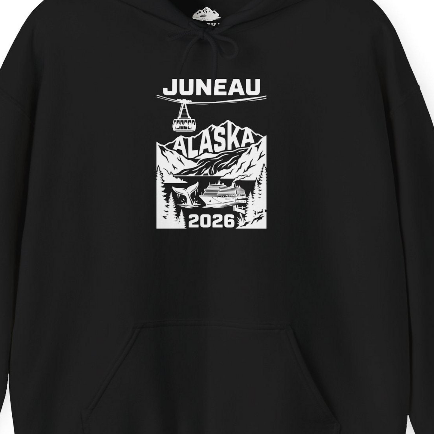 Juneau Alaska Cruise 2026 Scenic Whale and Cable Car Shirt — Hoodie Hoodie – Black – Alaska Cruise Shirts Close Up