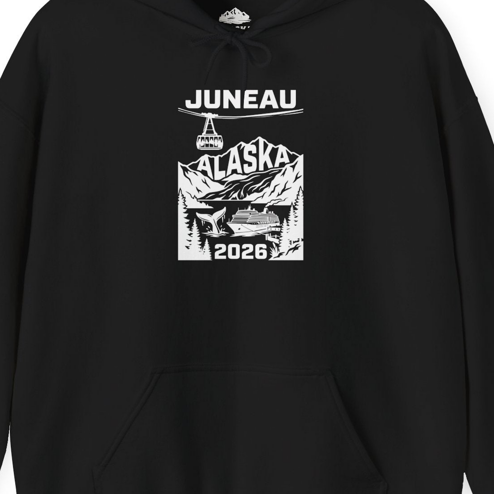 Juneau Alaska Cruise 2026 Scenic Whale and Cable Car Shirt — Hoodie Hoodie – Black – Alaska Cruise Shirts Close Up