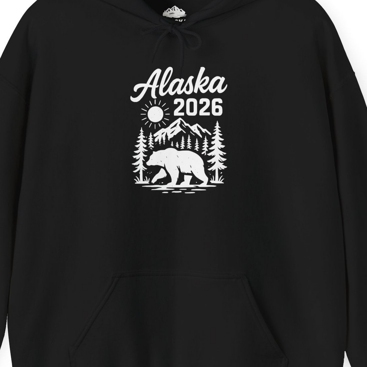 Alaska 2026 Bear and Mountains Nature Adventure Shirt — Hoodie Hoodie – Black – Alaska Cruise Shirts Close Up