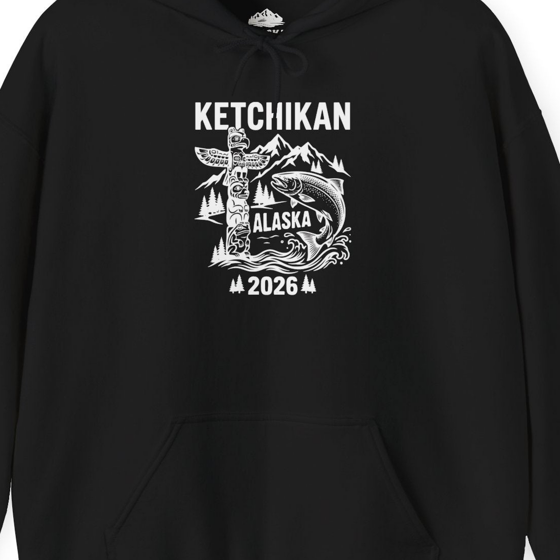Ketchikan Alaska 2026 Totem Pole and Salmon Souvenir Shirt — Hoodie Hoodie – Black – Alaska Cruise Shirts Close Up