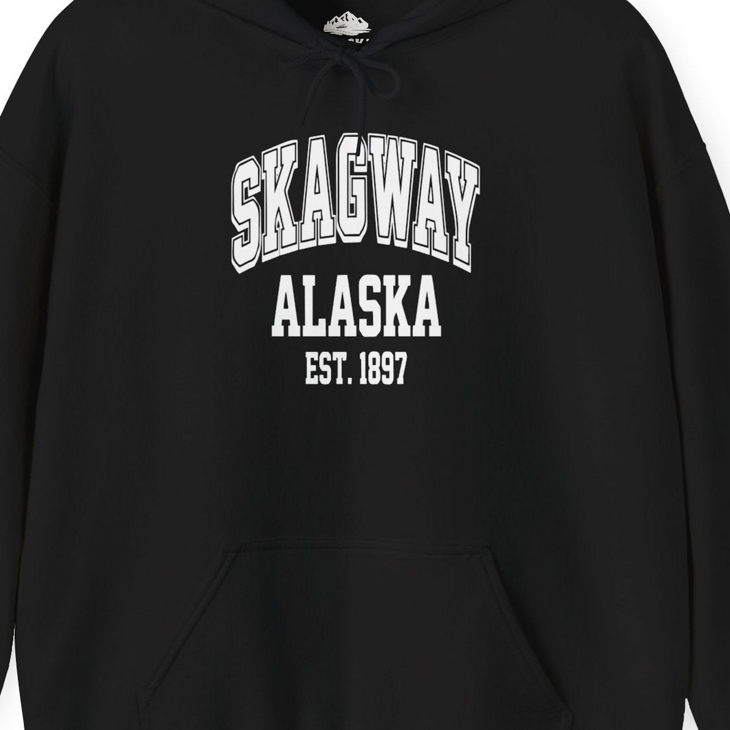 Skagway Alaska Est 1897 Vintage Collegiate Souvenir Shirt — Hoodie Hoodie – Black – Alaska Cruise Shirts Close Up
