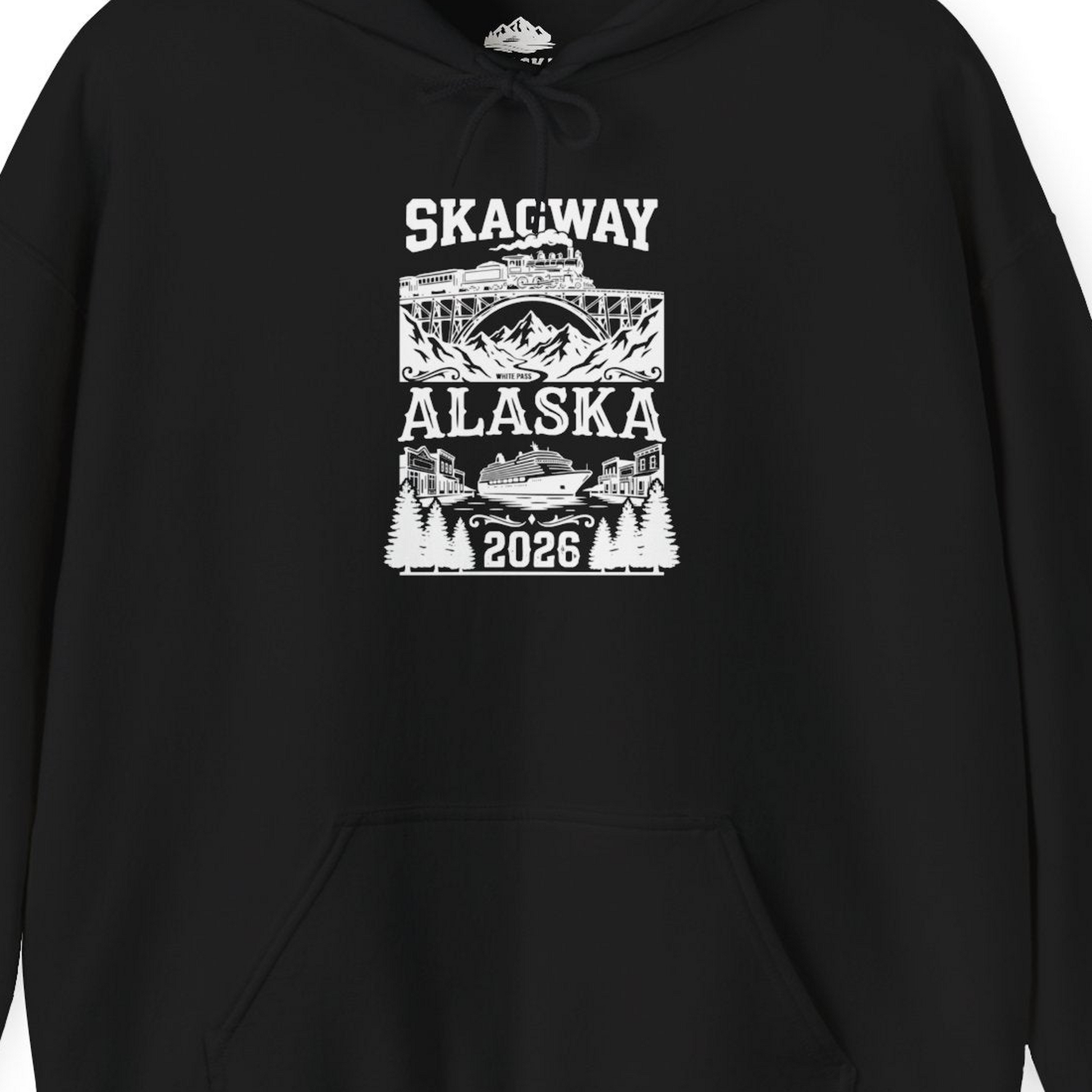 Skagway Alaska Cruise 2026 Shirt with Train and Mountains — Hoodie Hoodie – Black – Alaska Cruise Shirts Close Up