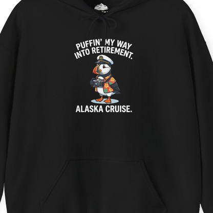 Puffin Cartoon Retirement Alaska Cruise Shirt Hoodie – Black – Alaska Cruise Shirts Close Up
