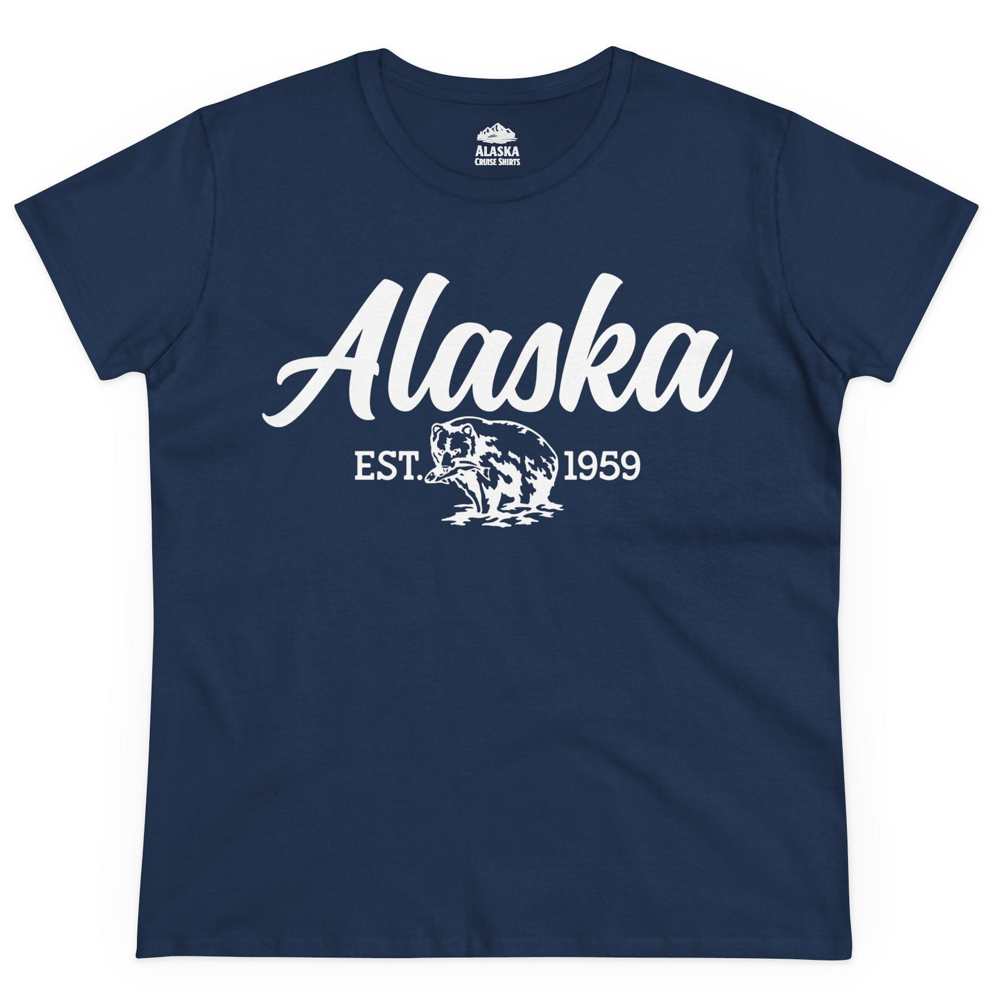 Alaska Bear Est 1959 Vintage Wildlife Graphic Monochrome Shirt — Ladies Tee Ladies T-Shirt – Alaska Cruise Shirts